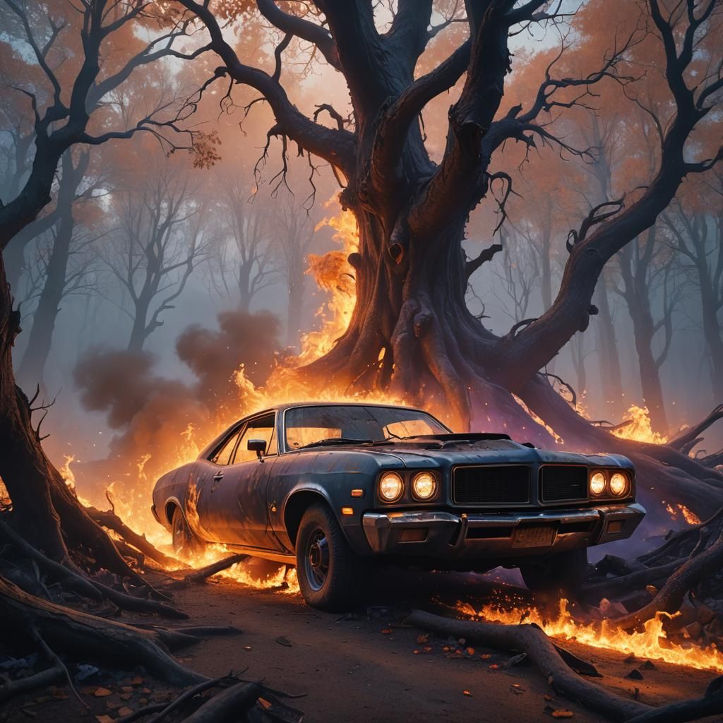Car on Fire in Mystical Forest: Matte Painting