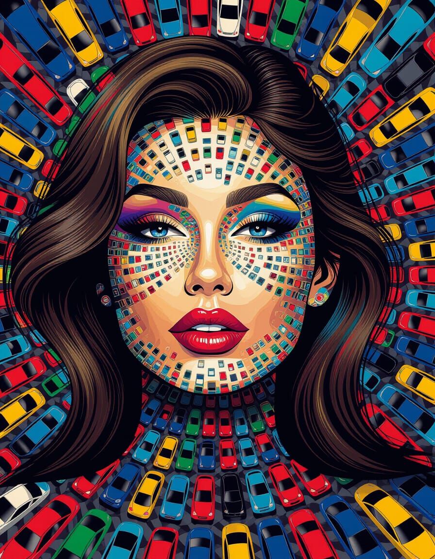 Droste Effect: Woman's Face in Miniature Cars