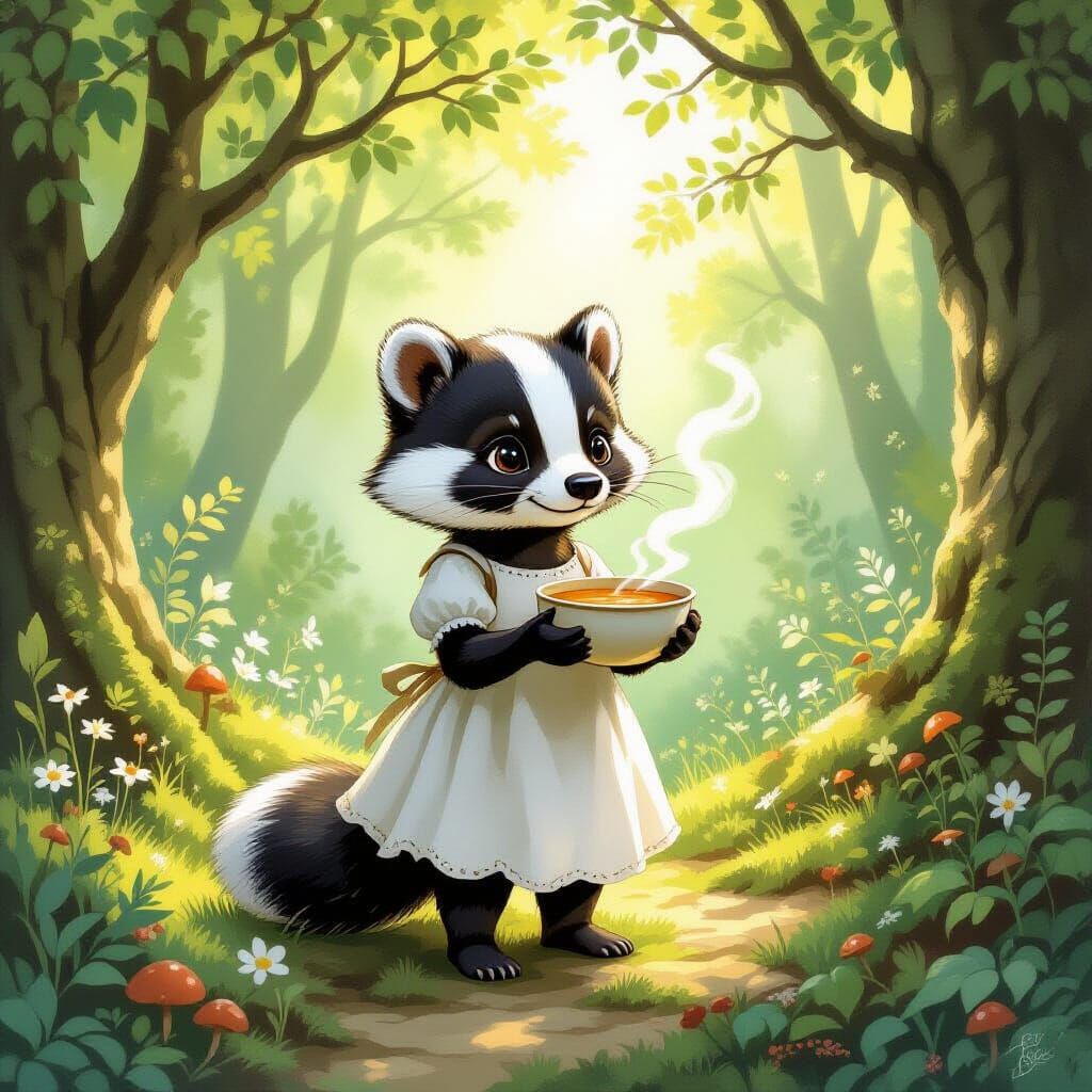Badger Nymph Enjoys Soup in Magical Forest Clearing