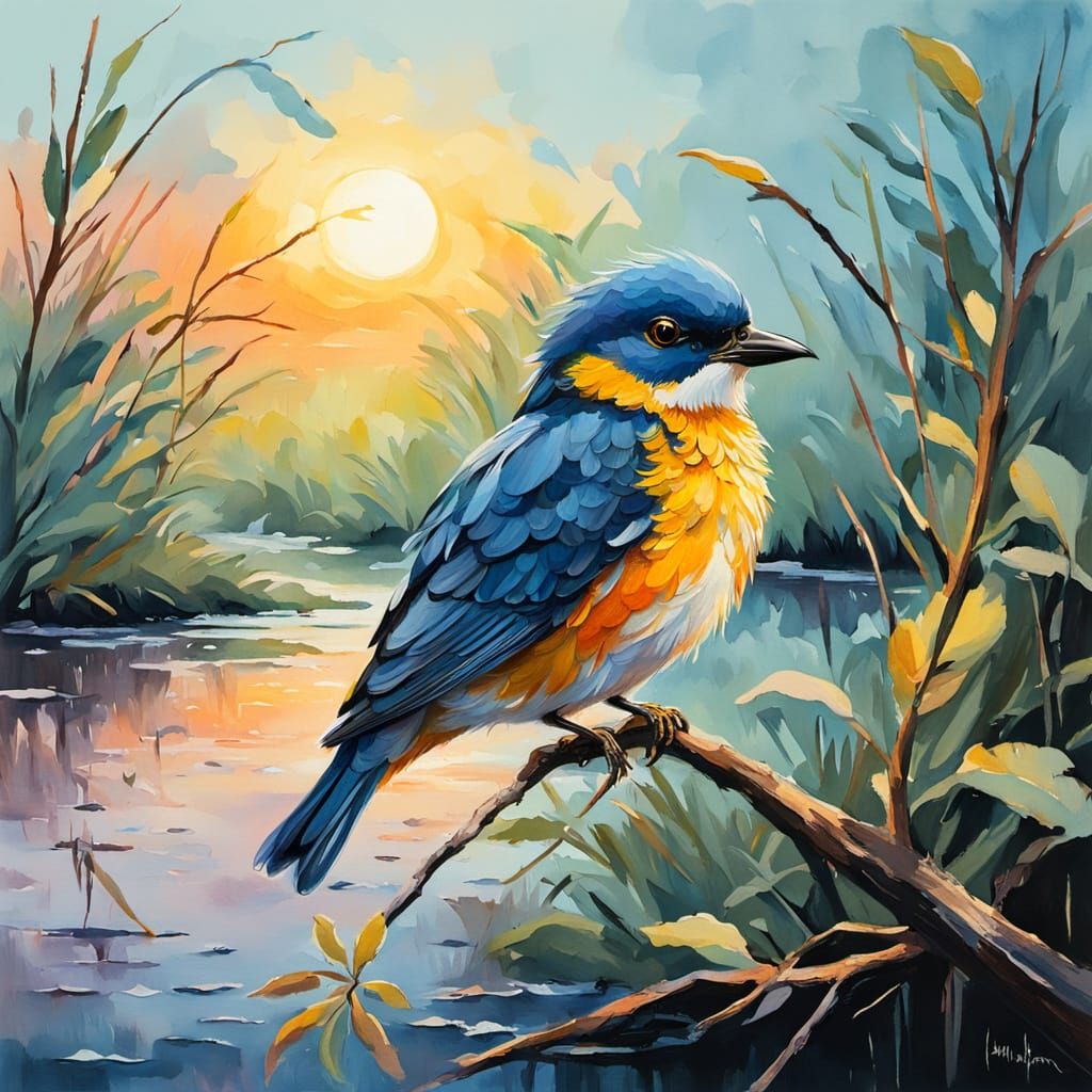 Impressionist Bluethroat Gouache Painting in Littoral Marsh