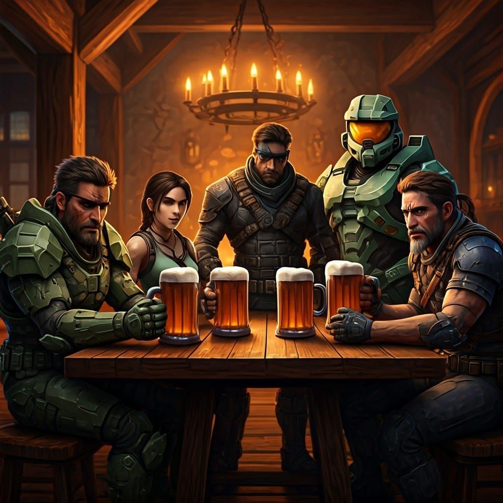 Gaming Heroes Relaxing at Tavern in Fantasy Art Style