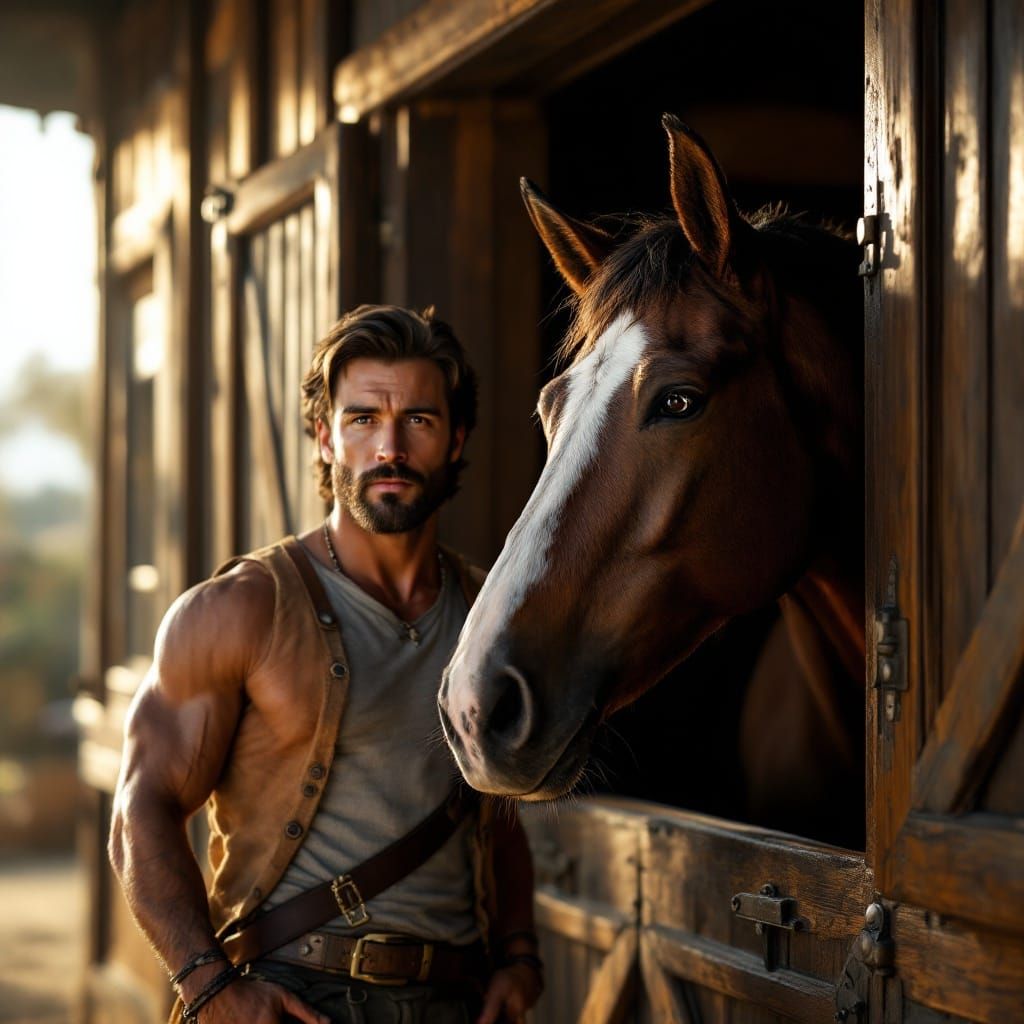 Confident Cowboy at the Stable Entrance, in Hyper-Realistic ...