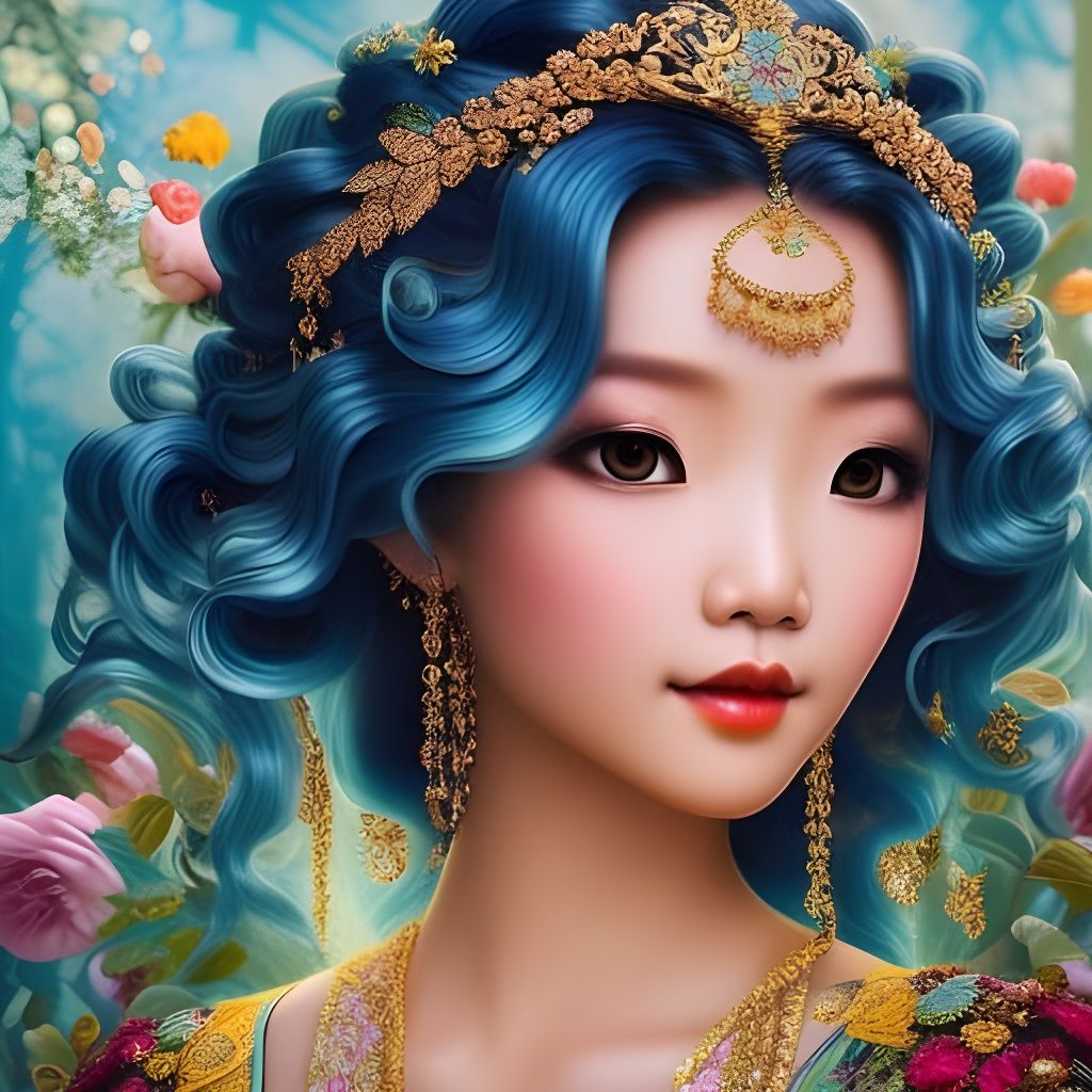 Elegant Hmong Girl with Blue Hair, Art Nouveau
