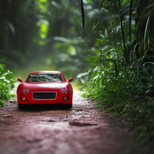 Armored Red Car Driving Through Rainforest Photograph