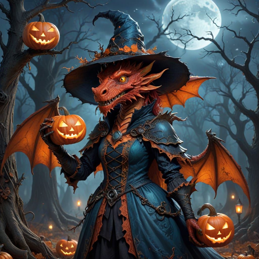 Friendly Red Dragon in Witch Costume with Jack-o'-Lantern