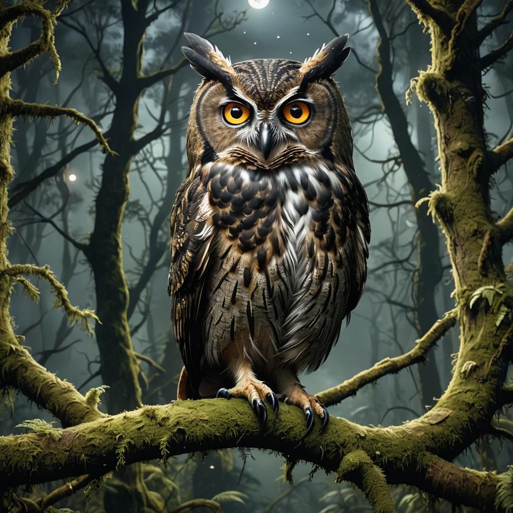 Cybernetic Night Owl in Enchanted Forest