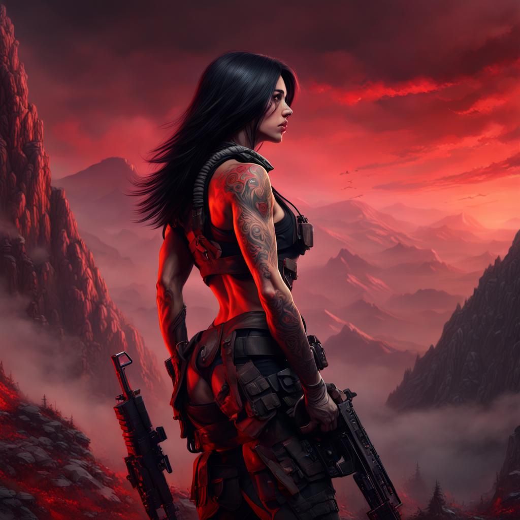 Strong Woman Soldier in War Landscape