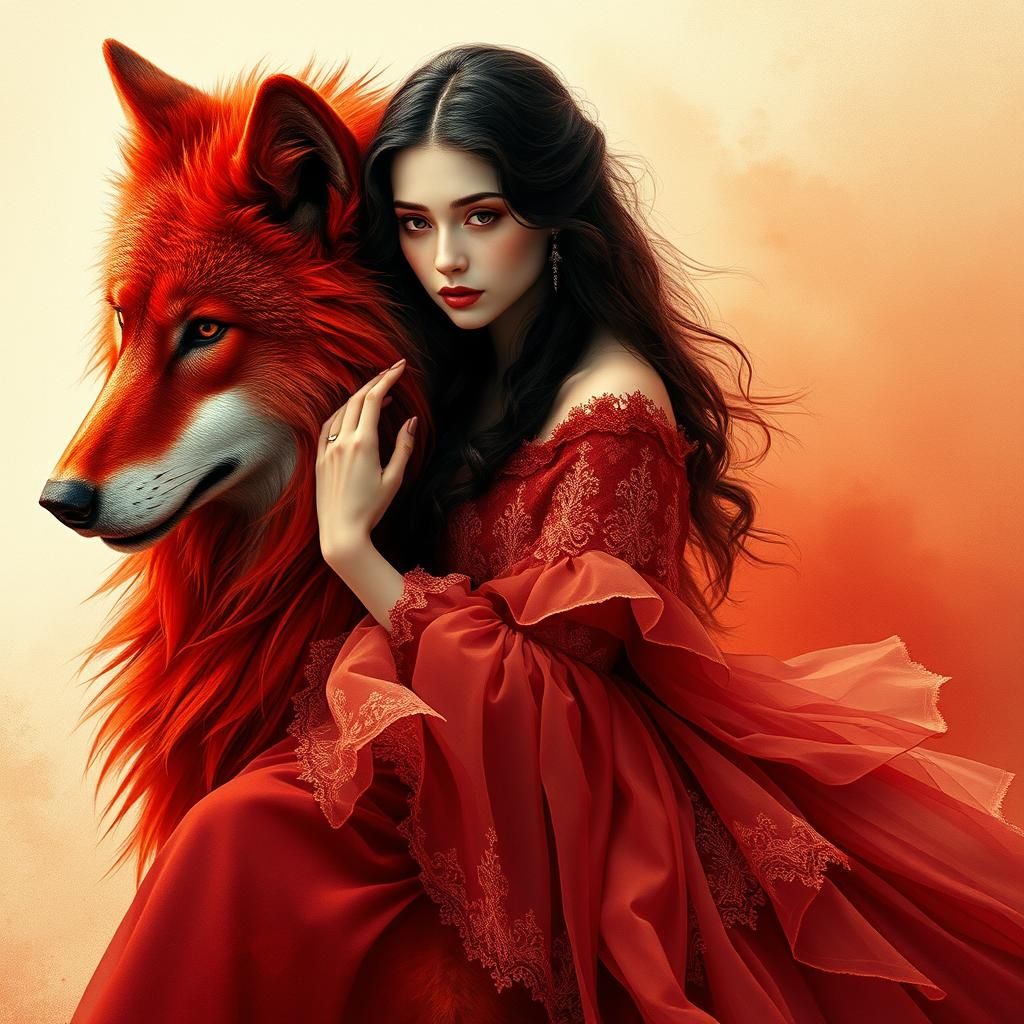 Victorian Woman on Crimson Wolf in Digital Watercolor