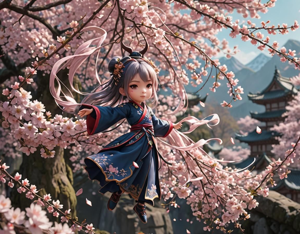 Dancing Figurine with Cherry Blossoms, Matte Painting