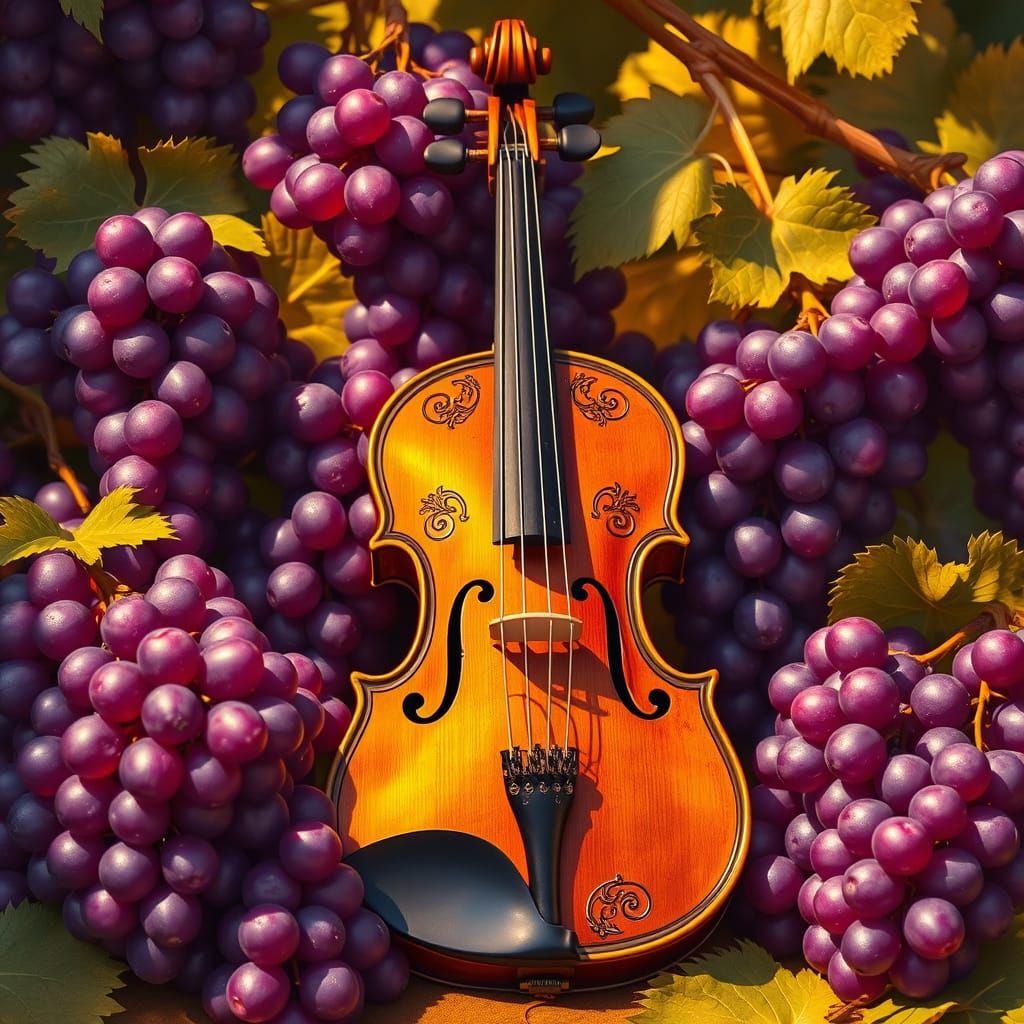 Ornate Violin with Grapes in Golden Light