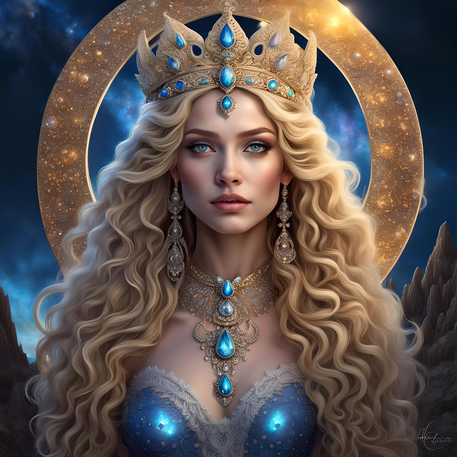 Goddess on Crescent Moon Gazing at Cosmos