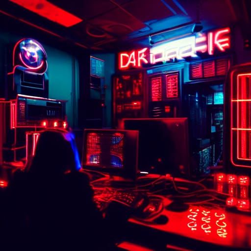 Cyberpunk Goth Model in Neon-Lit Coffee Shop