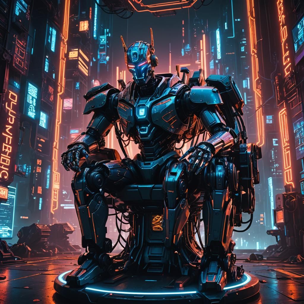Cyberpunk Robot Overlord on Throne in Neon Cityscape
