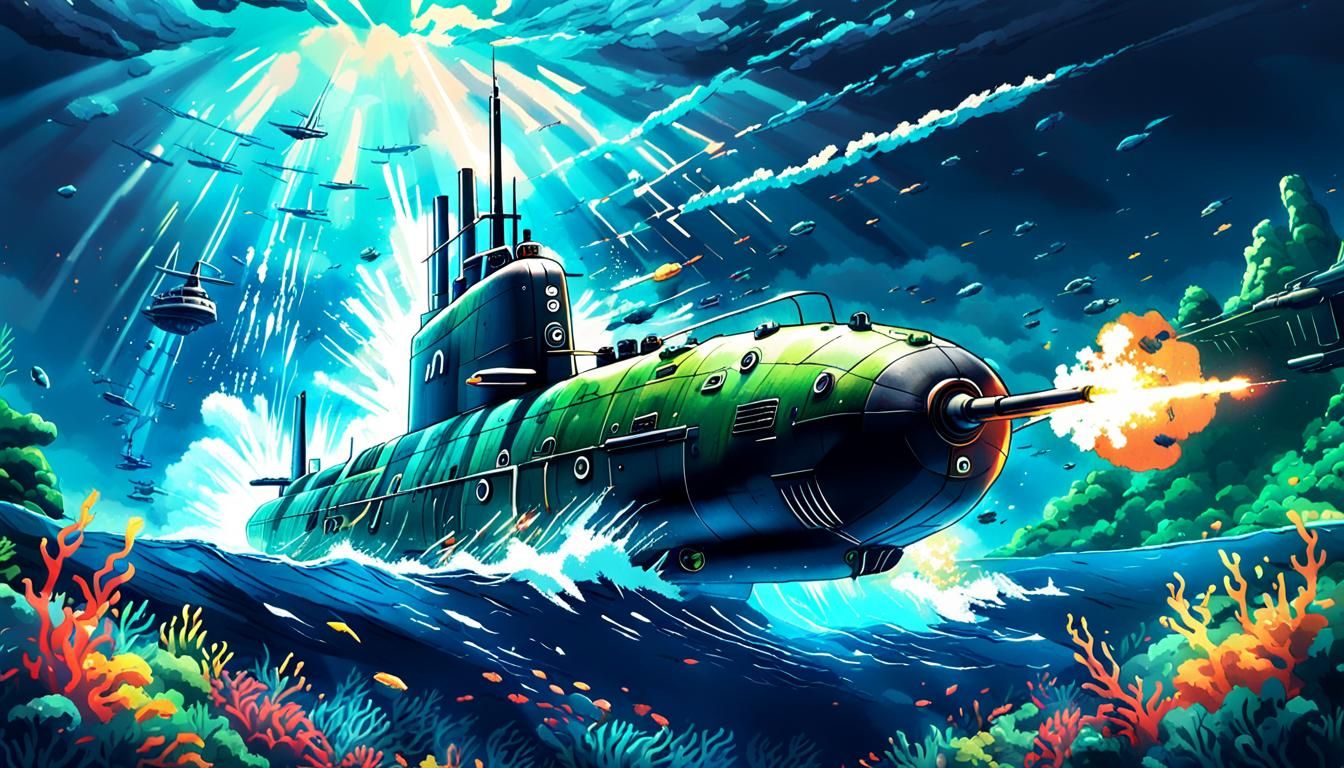 Submarine Torpedo Launch in Underwater Anime Style