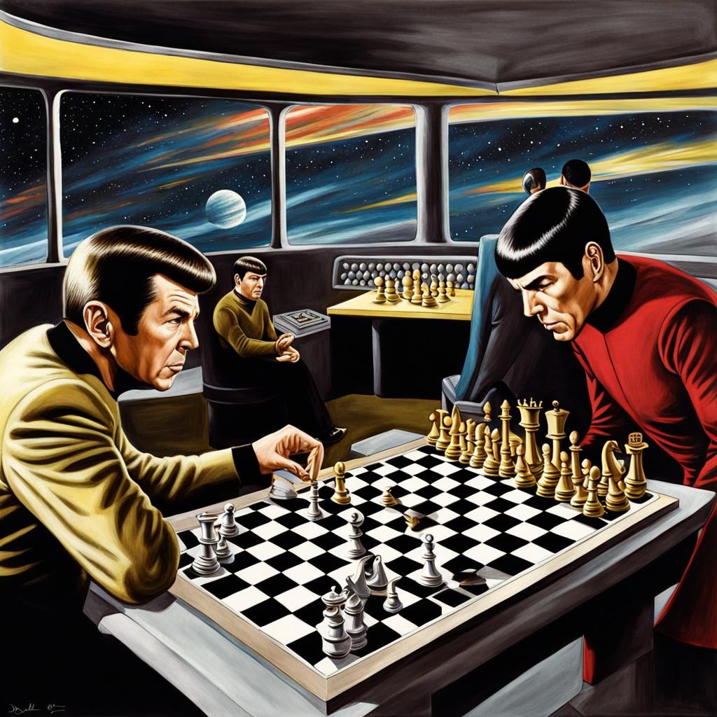 Mr. Spock and Captain Kirk playing a game of three dimensional chess 2