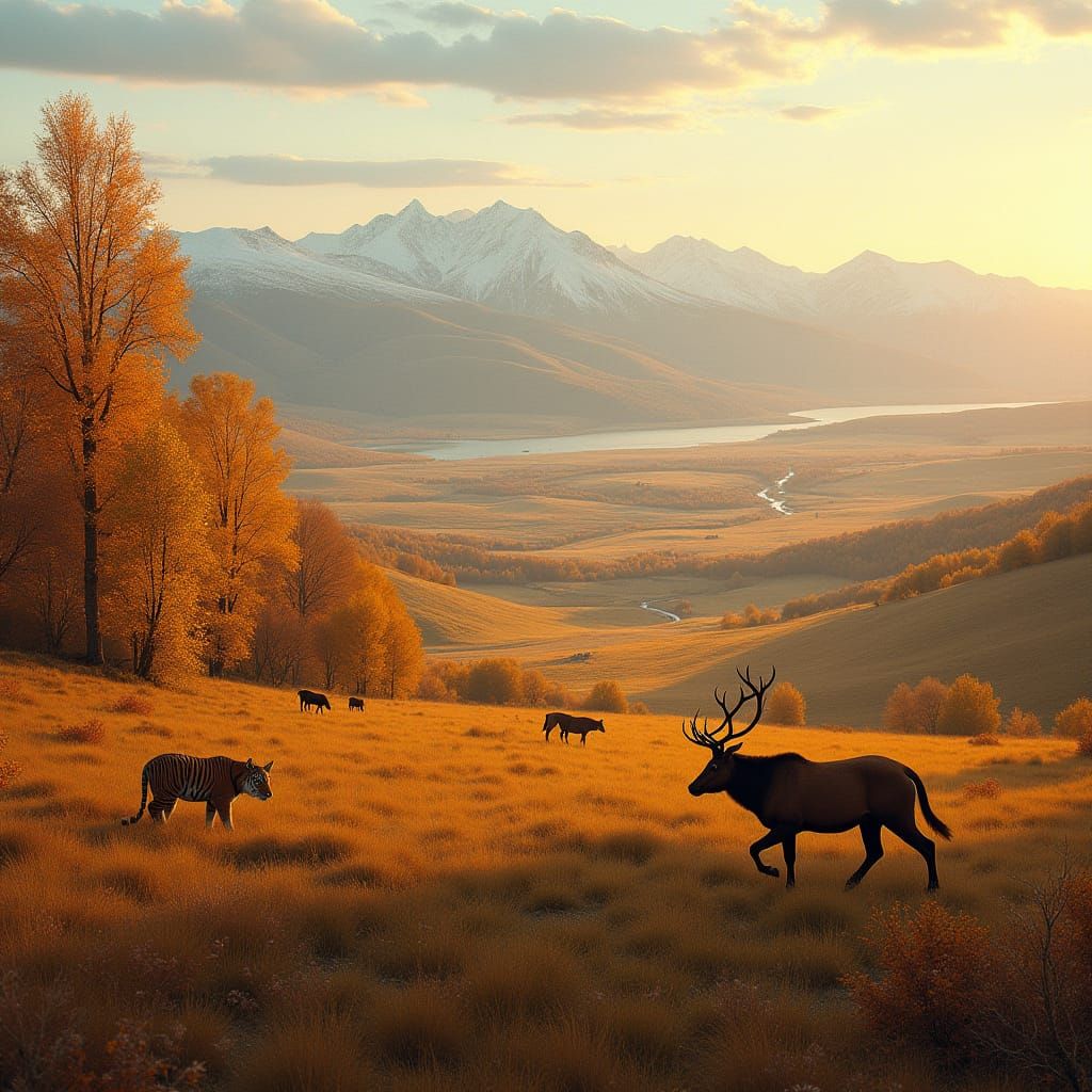 Golden Russia Landscape with Tiger and Stag
