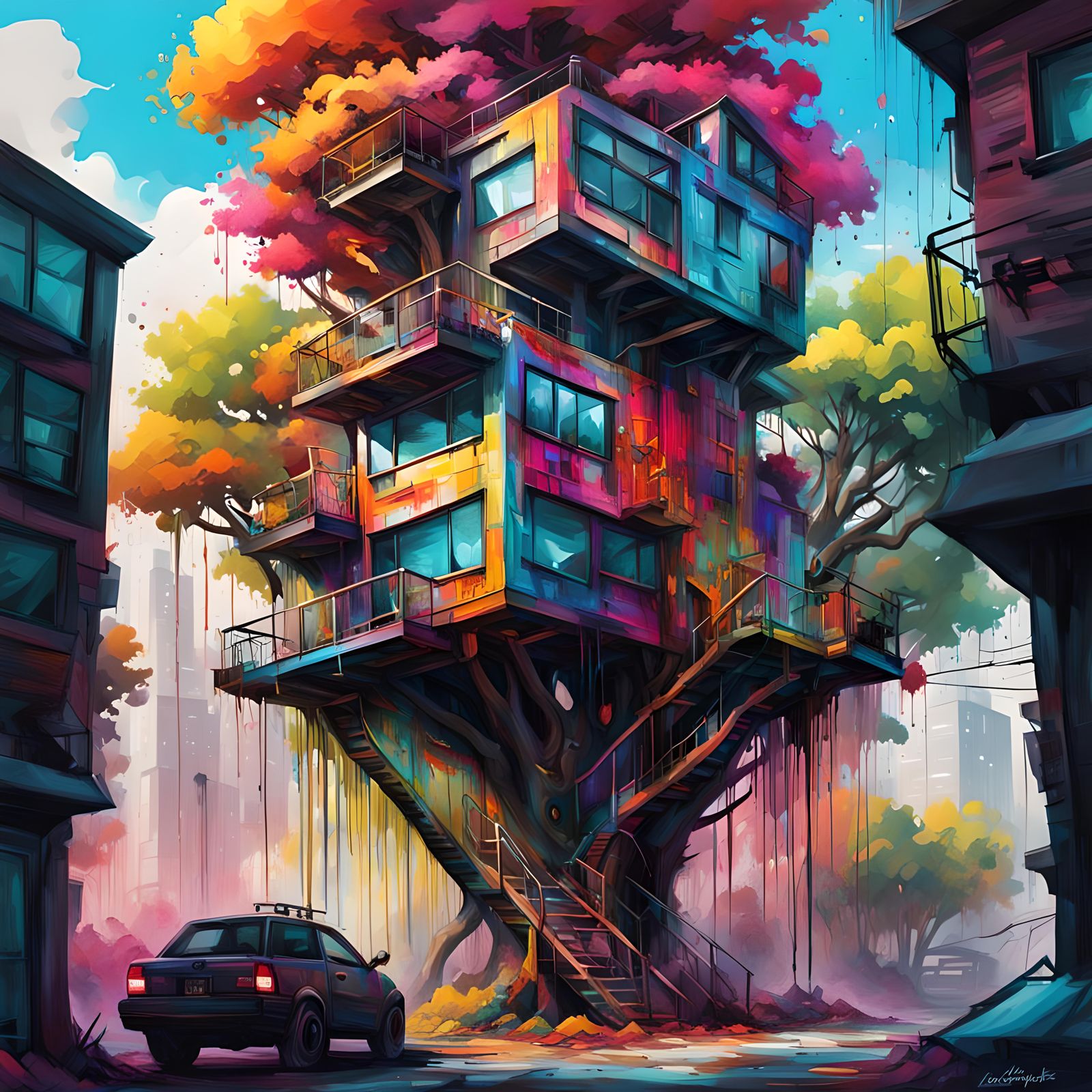 Intricate City-Sized Modern Treehouse with Graffiti Art