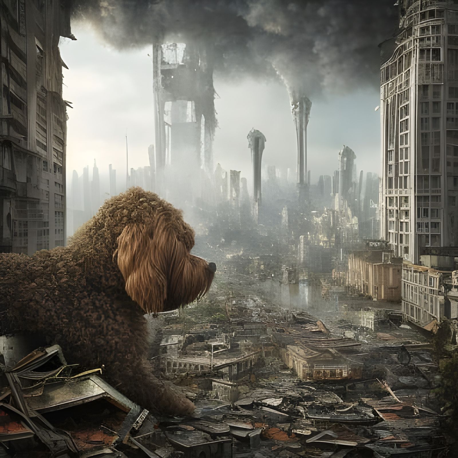 Apocalyptic Cityscape with Giant Dogs in 8k