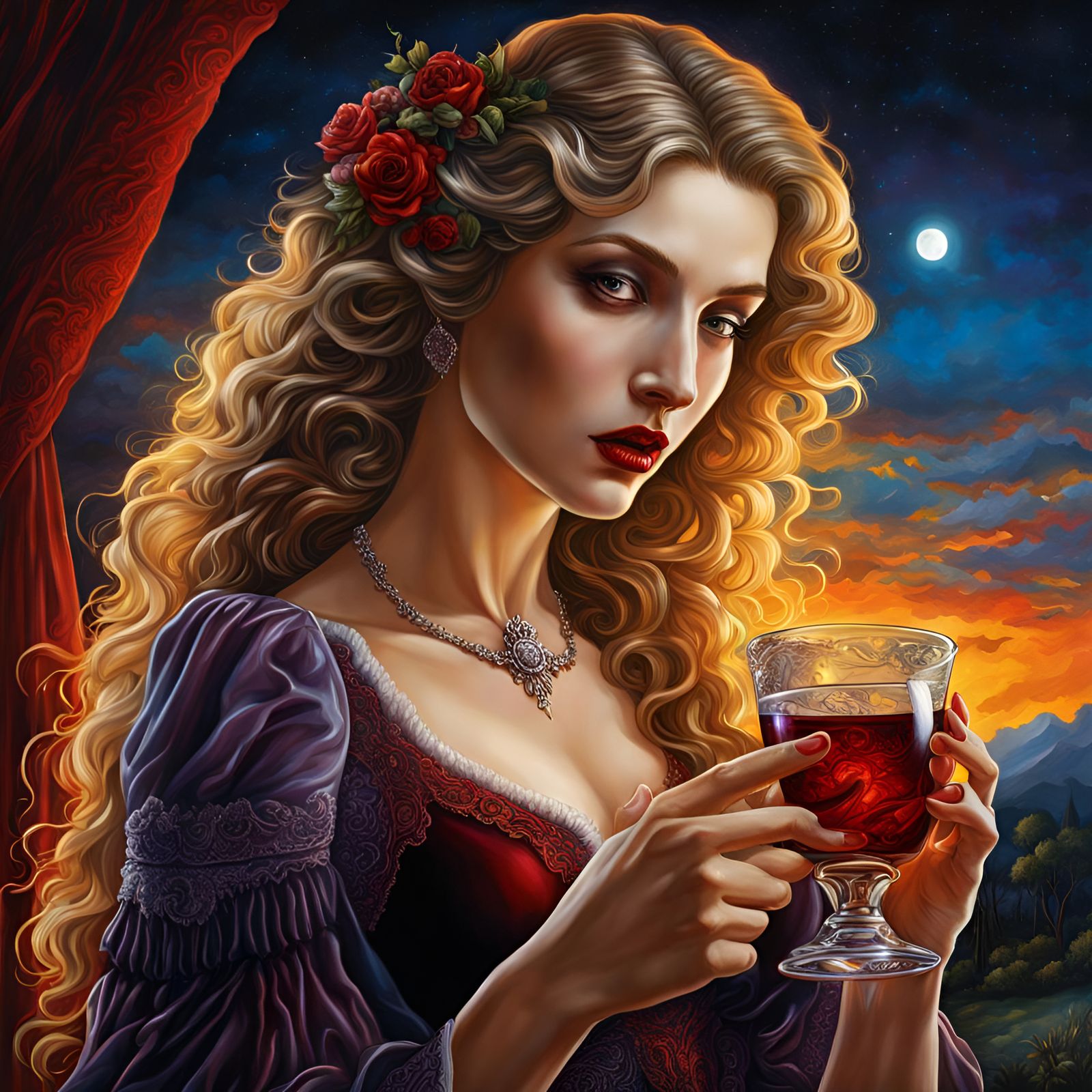 Lonely Vampire Drinking Blood in Hyperrealism Style