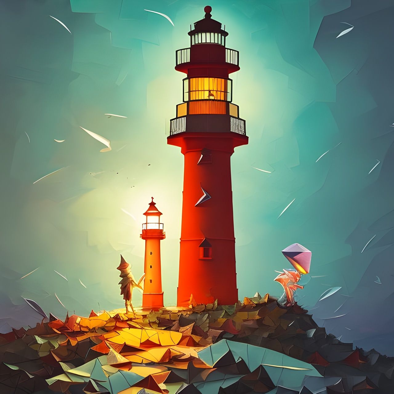 Origami Lighthouse at Night in Complex Photoillustration