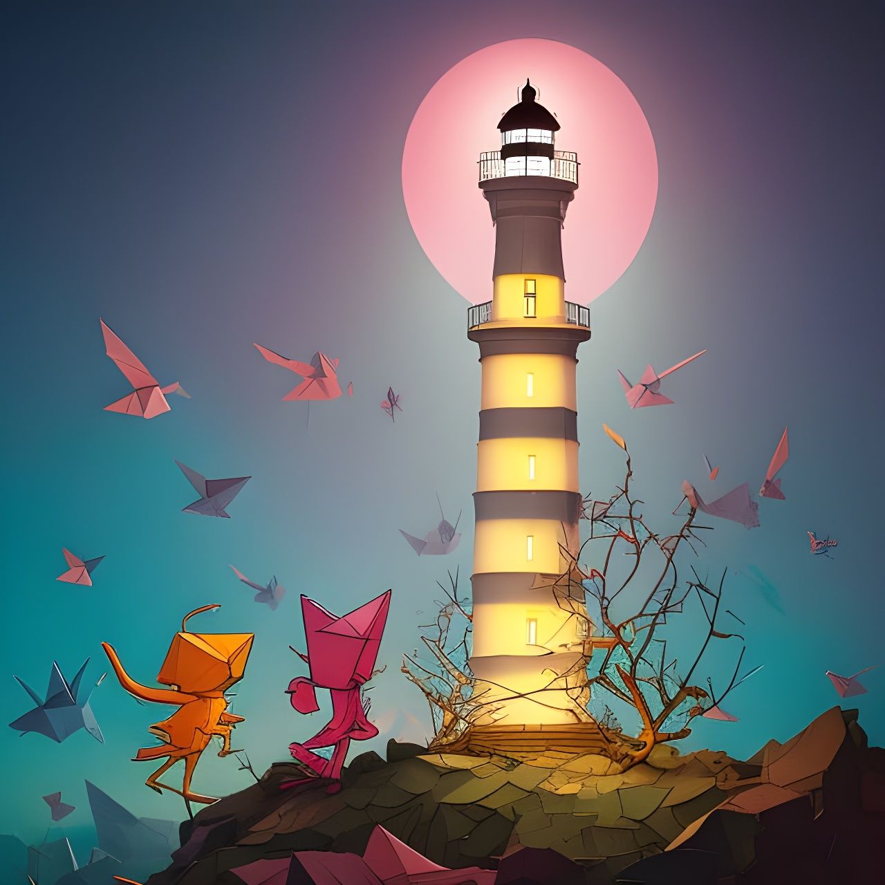 Origami Lighthouse Scene at Night