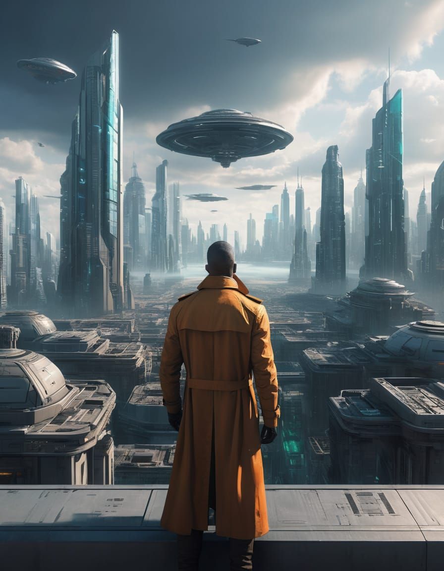 Futuristic Megacity with Flying Vehicles in Hyperrealistic S...