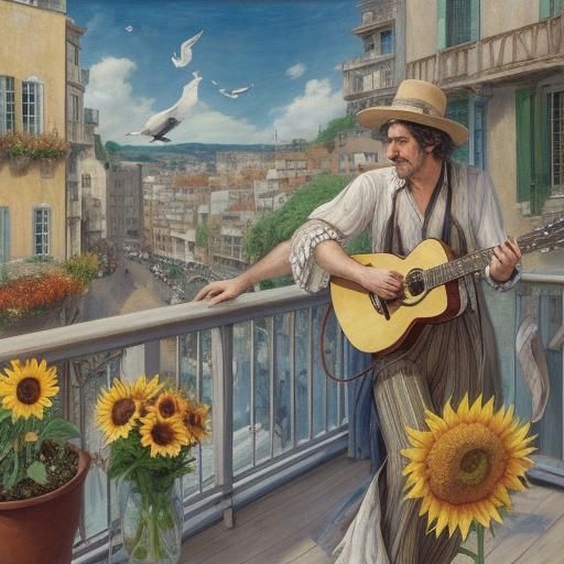 Seagull, Sunflower, Guitarist: A Modern Dreamscape