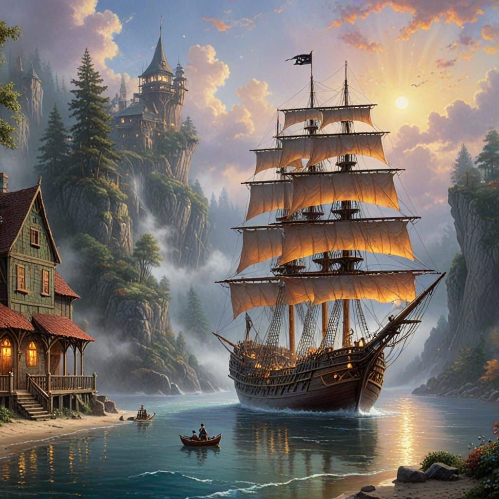 Pirate Ship in Ethereal Fantasy Landscape
