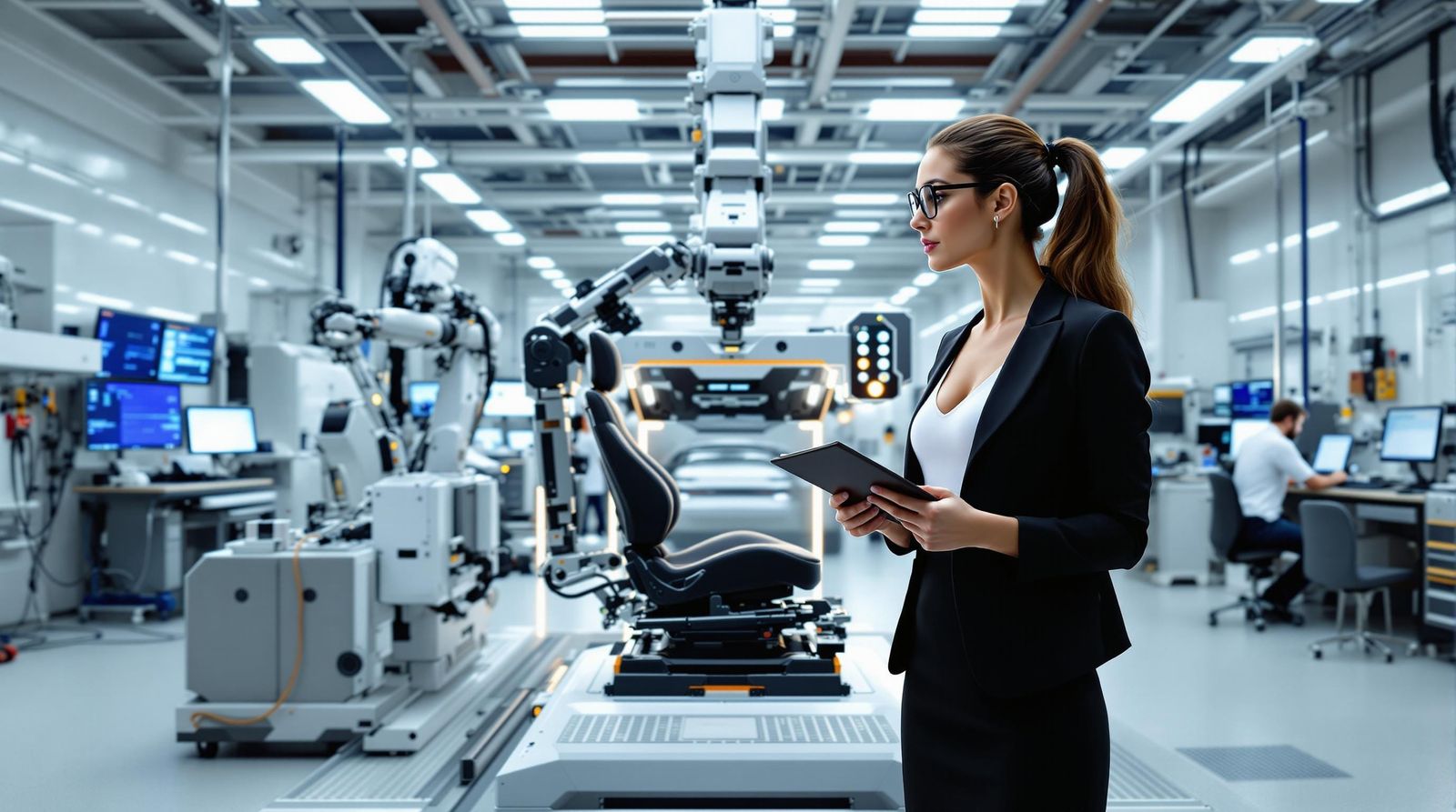 Fitness Female in High-Tech Automotive Laboratory
