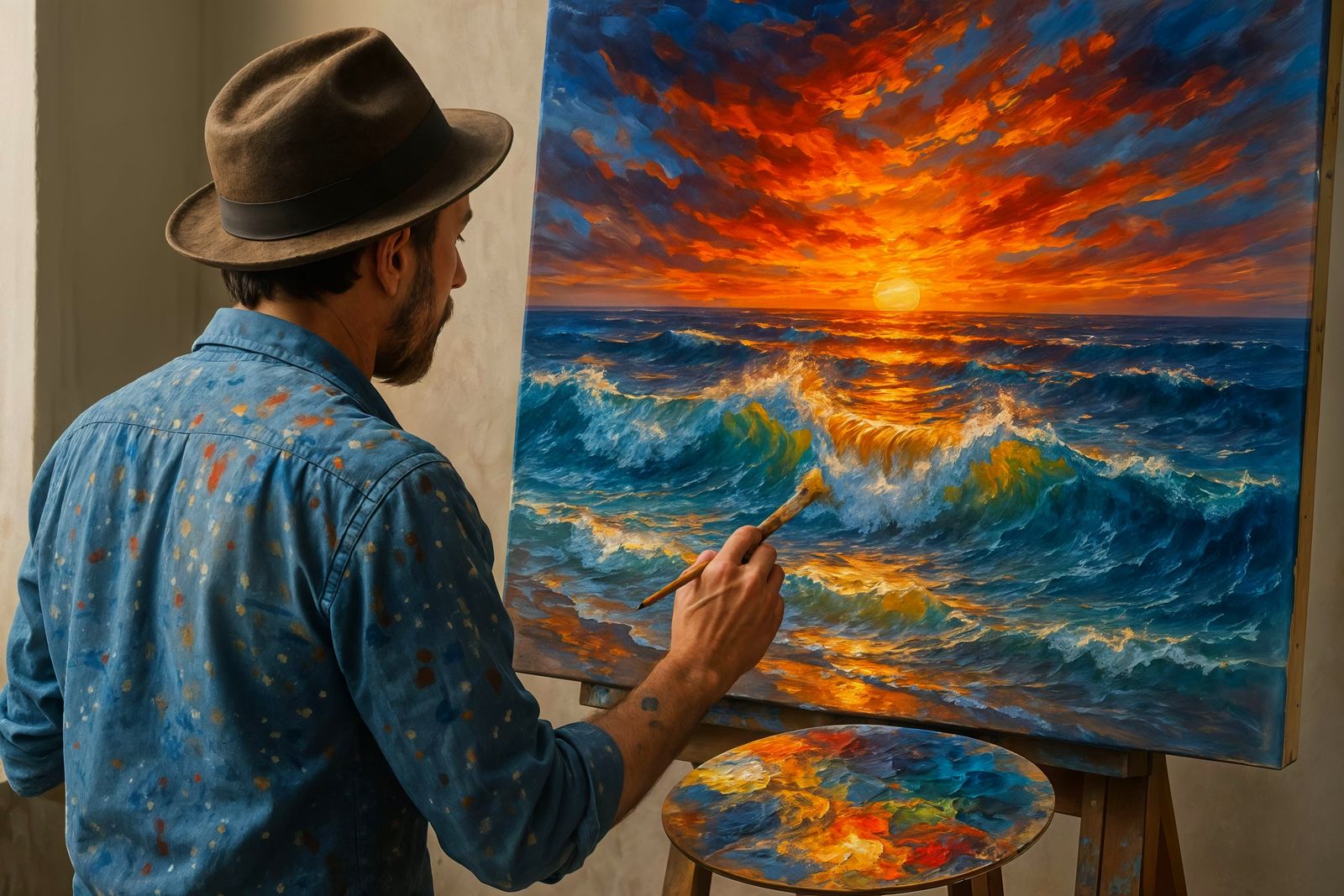 Artist Painting Seascape with Vivid Colors