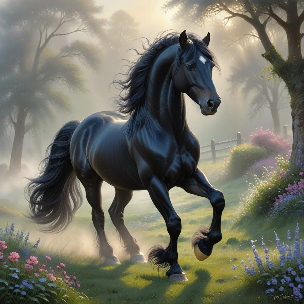 Elegant Friesian Horse in Misty Serene Pasture