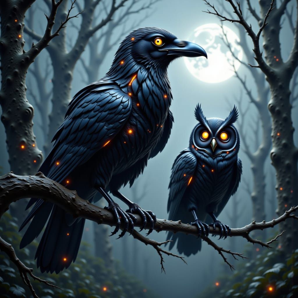 Cyborg Raven and Owl in Enchanted Forest