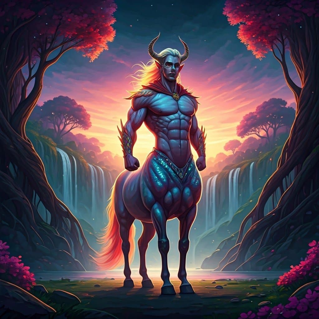 Rainbow Centaur Superhero in Dreamlike Landscape