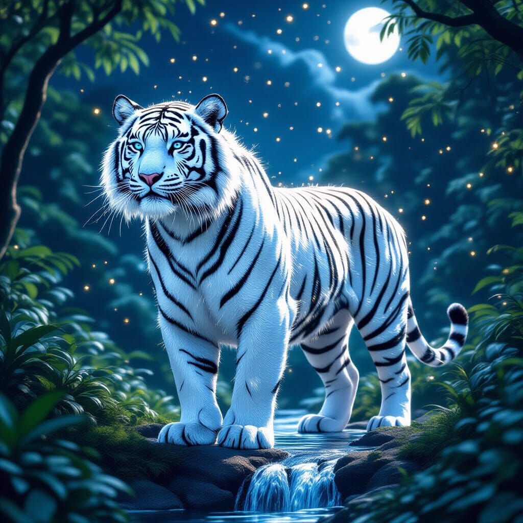 Shimmering White Tiger in Jungle, Photorealistic Style