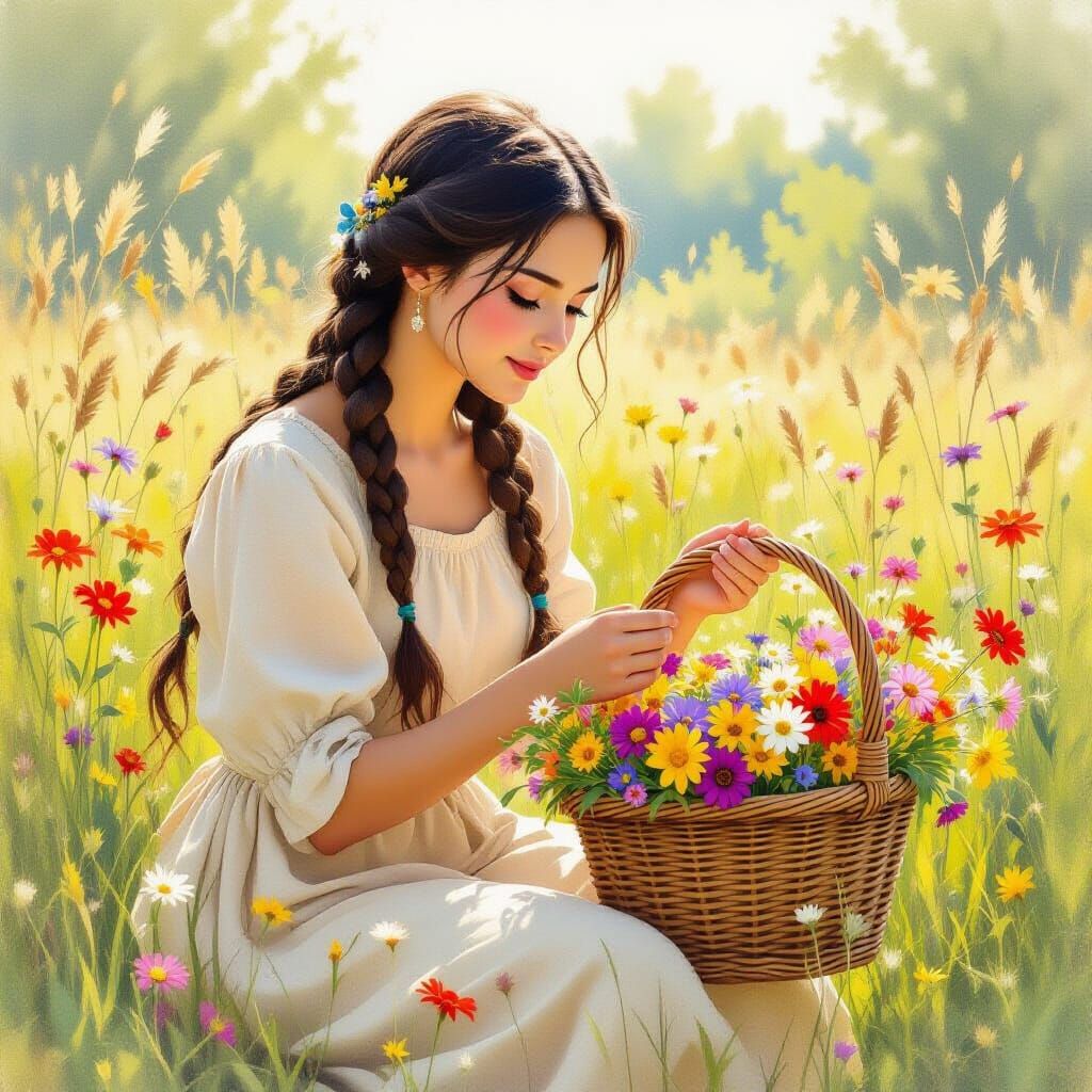 Young Woman Gathers Wildflowers in Sunlit Meadow