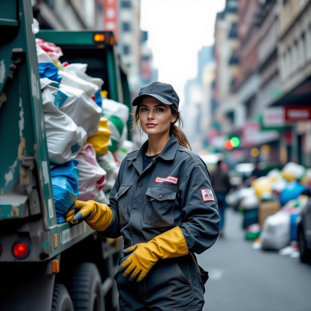 Garbage Woman on Overfilled Truck, Professional Photography