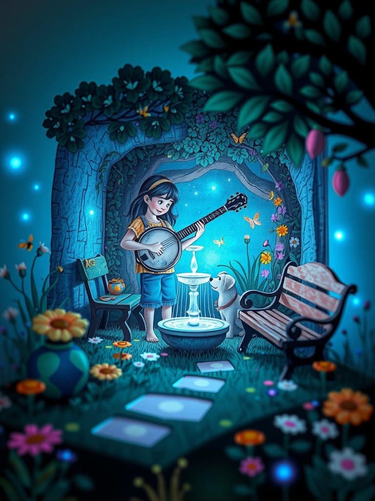 Whimsical Summer Garden Scene in Celestial Pastel Blue