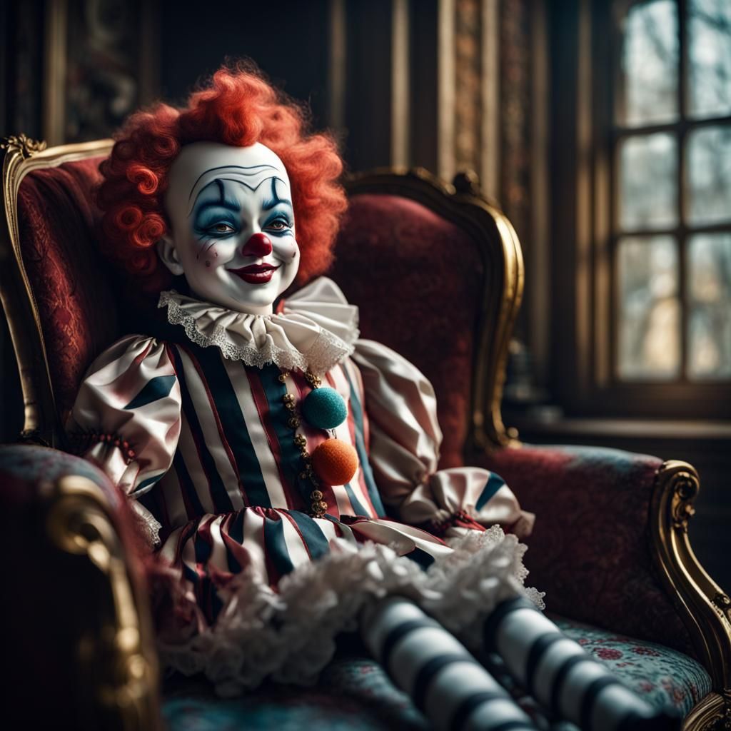 Gothic Porcelain Clown Doll on Victorian Sofa