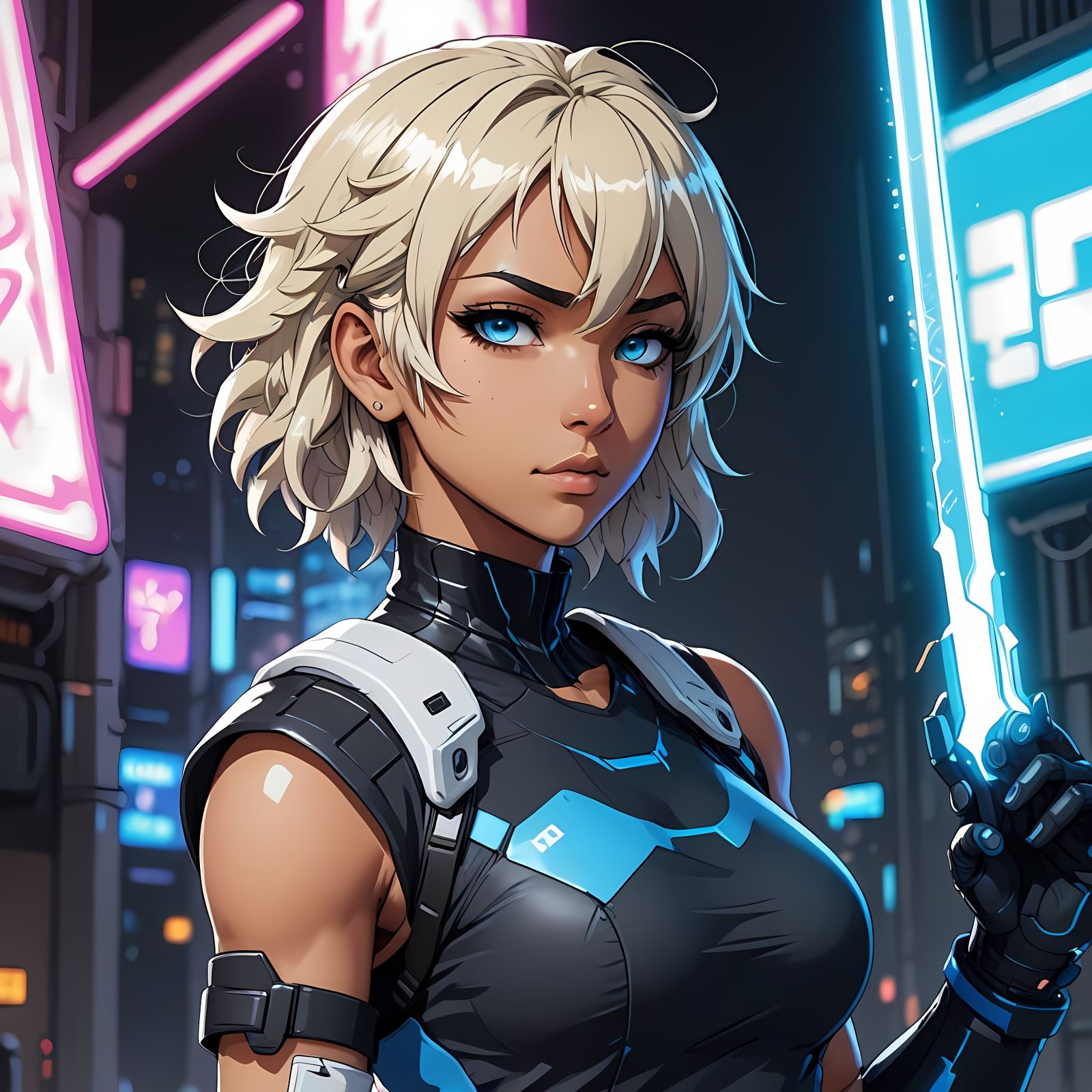Kawaii Cyberpunk Mercenary in White T-Shirt