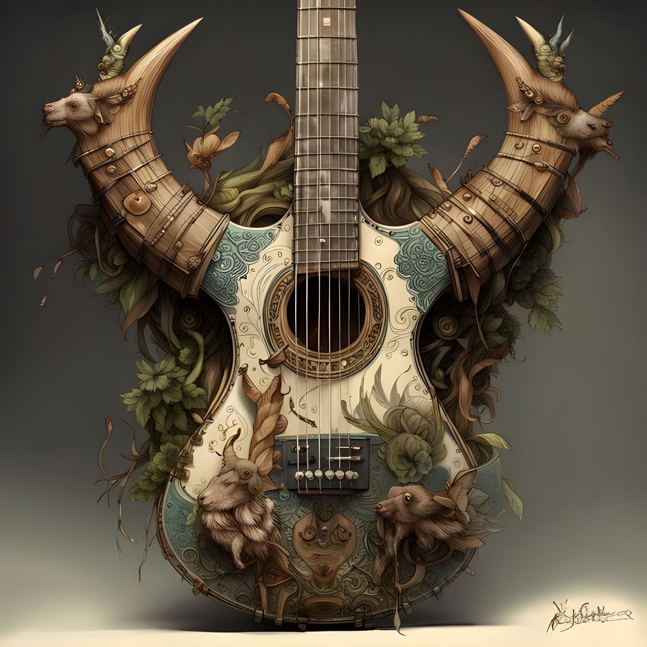 Electric Horned Goat Guitar: Ornate and Detailed