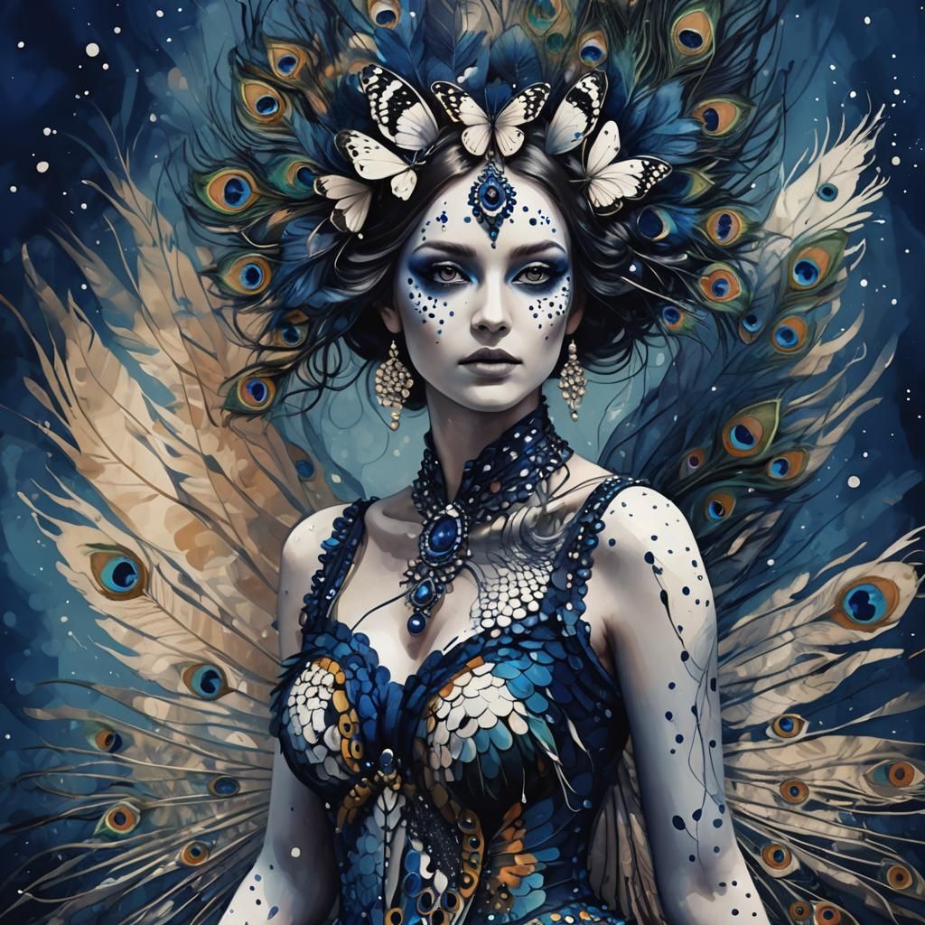 Butterfly Woman with Peacock Feathers, Abstract Art