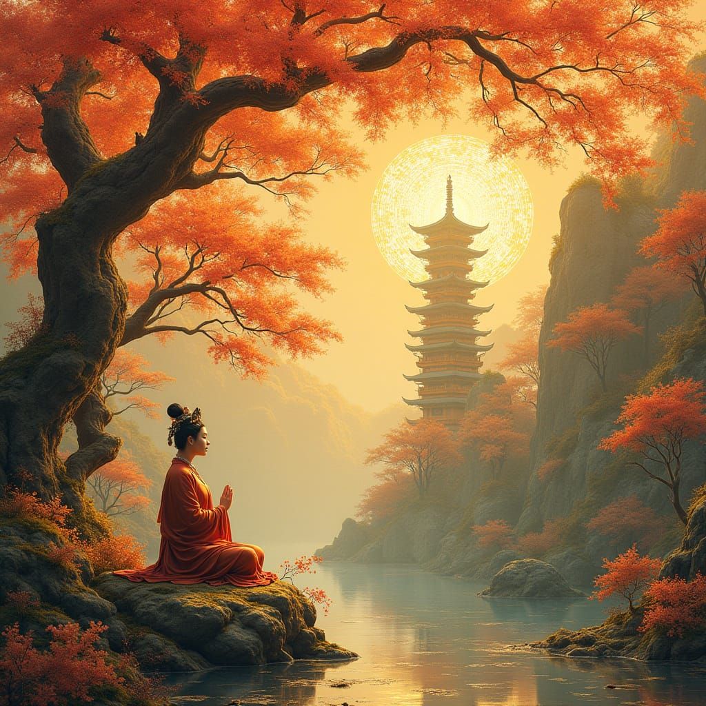 Ethereal Golden Temple Amidst Whirling Patterns