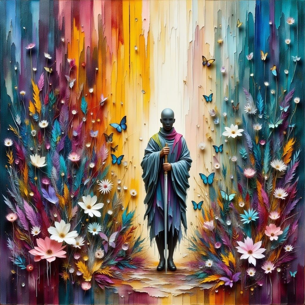 Ethereal Christic Warrior in a Vibrant Garden Landscape