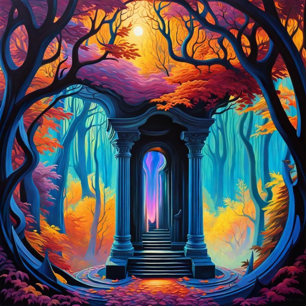 Color-Shifting Non-Euclidean Portal in Autumn Haze