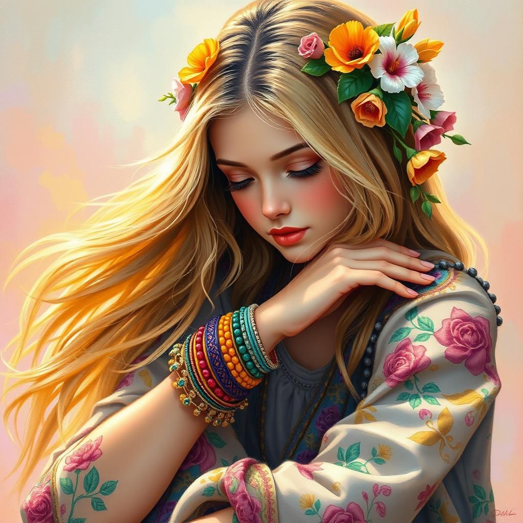 Ethereal Woman with Flowers, in Gouache Style