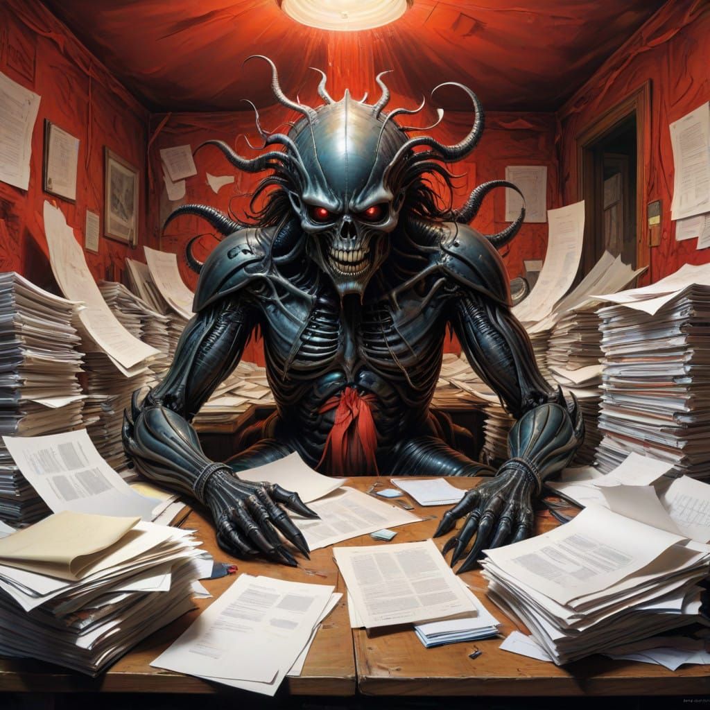 Surreal Bureaucratic Office in Vibrant Colors and Bold Lines