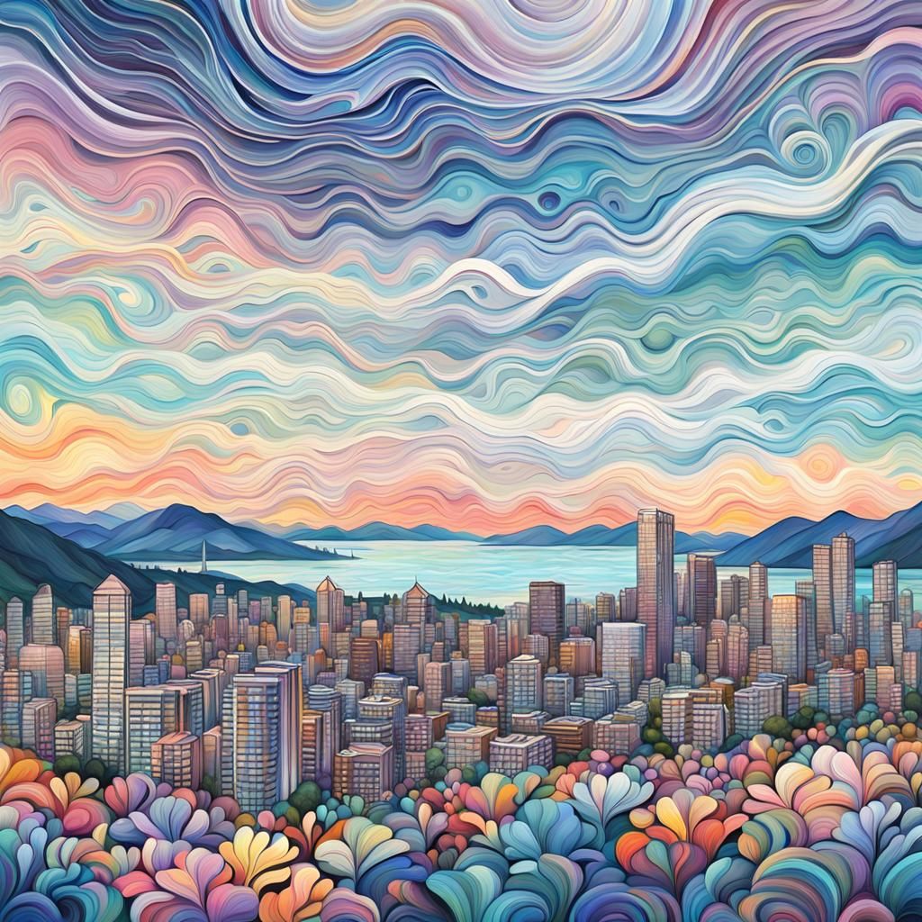 Vancouver Cityscape in Gouache and Watercolor Style
