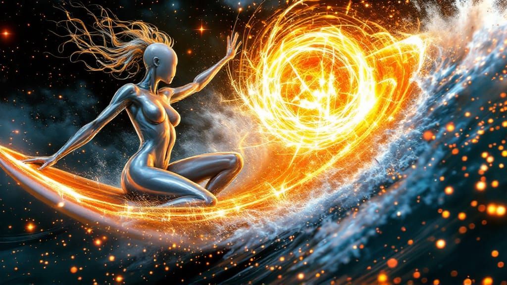 Chrome Surfers Ride a Solar Corona in Hyperrealistic 3D