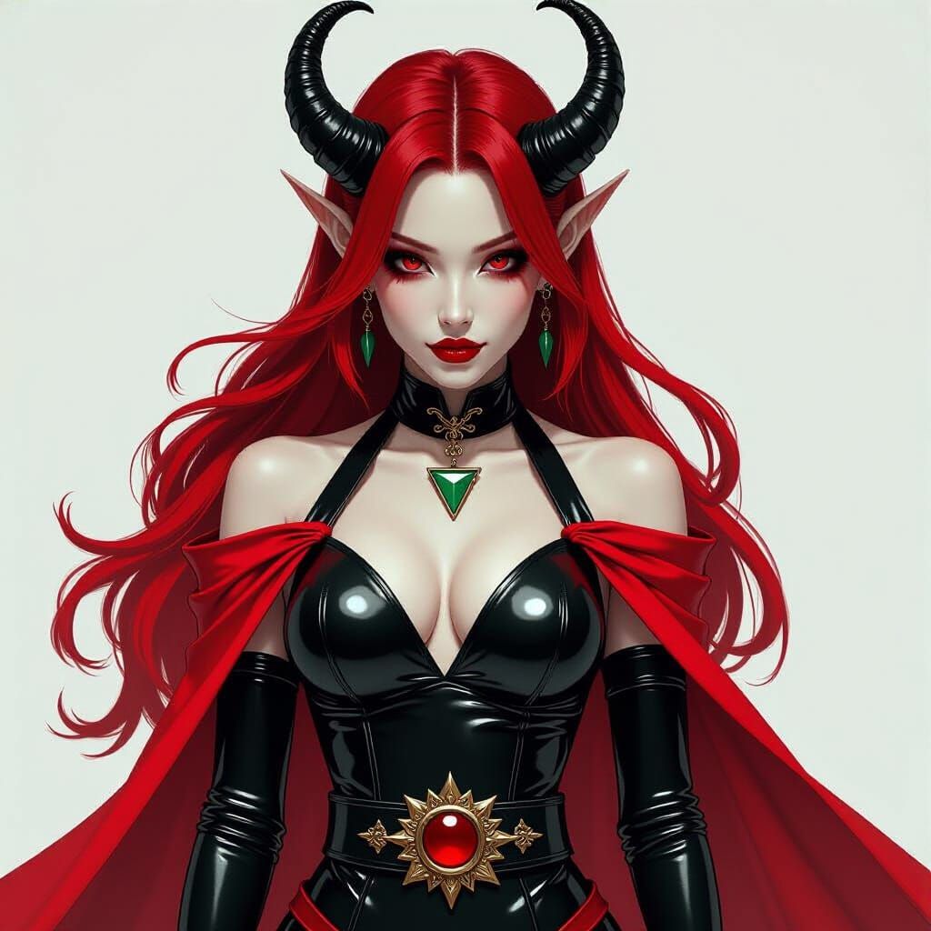 Tiefling in Sleek Latex Suit with Noir Gothic Style