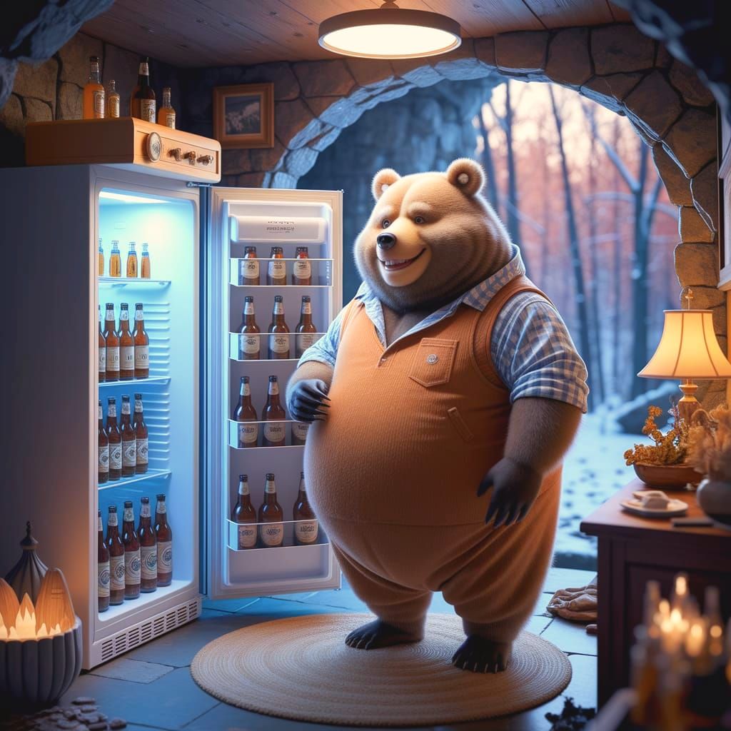 Cozy Bear Opens Beer Fridge in Snowing Cave